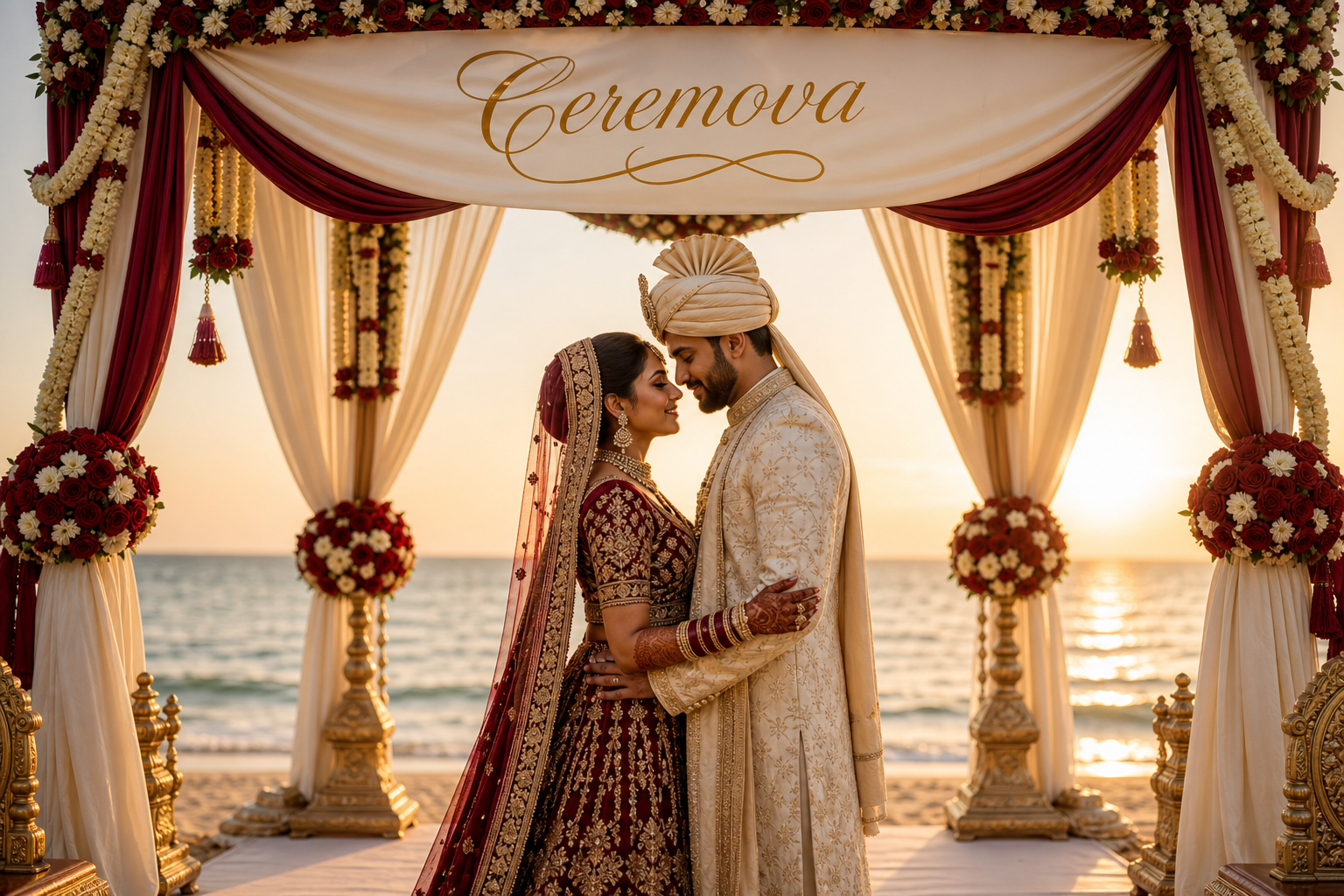Indian couple hugging in beach mandap with golden sunset